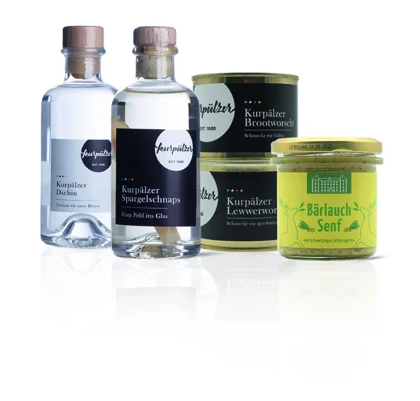 Schlemmerpaket: Fünf deutsche Gourmet-Gläser und Flaschen auf weißem Hintergrund.